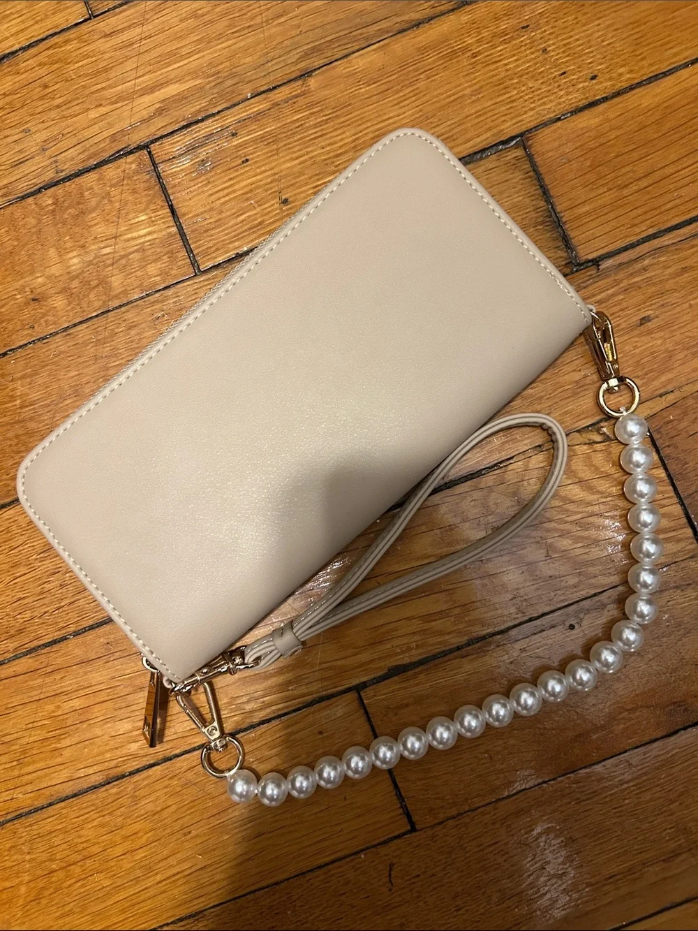 Beige Faux Leather Wristlet Wallet Clutch with Pearl Strap